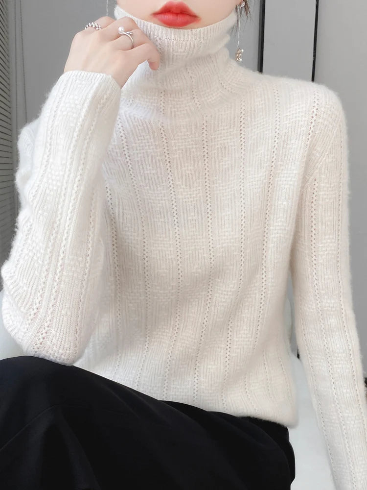 100% Wool Cashmere Sweater Women Turtleneck Long Sleeve Tops Knitted Pullovers Autumn Winter Casual Loose Clothing Warm Jumper
