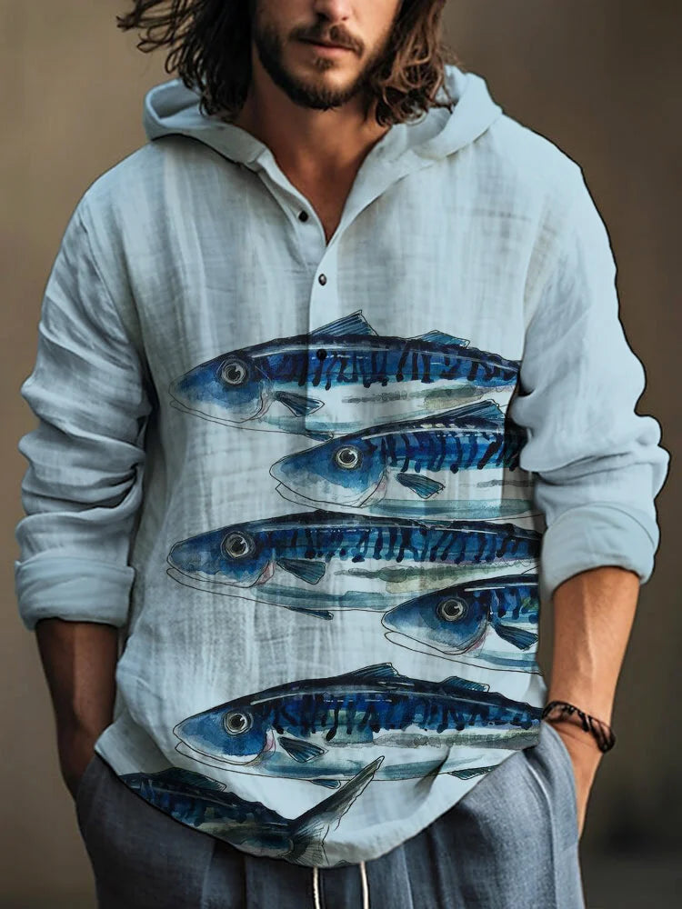 Spring and Autumn Men's Shirt Linen Fashion Casual Bamboo Hawaiian Style Printed Shirt Men's Top Long Sleeve Hooded Pullover