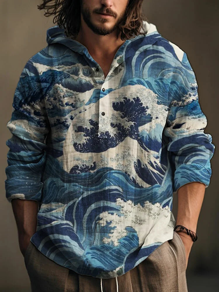 Spring and Autumn Men's Shirt Linen Fashion Casual Bamboo Hawaiian Style Printed Shirt Men's Top Long Sleeve Hooded Pullover