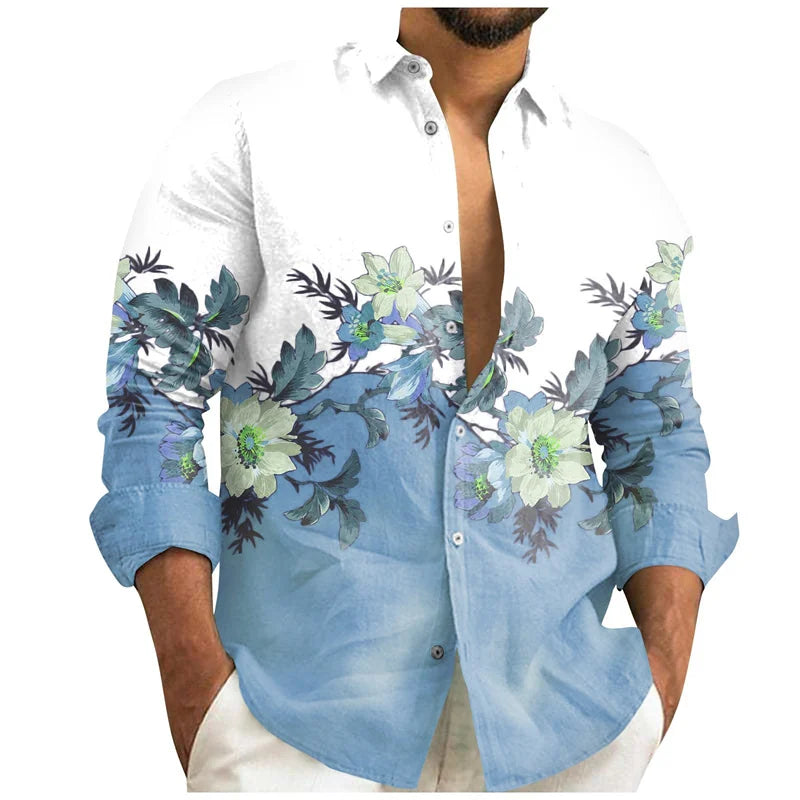 Men's Shirt 3D Floral Print Lapel Long Sleeve Men's Tops Vintage 2025 Street Trend Outdoor Fashion Dress Designer XS-6XL