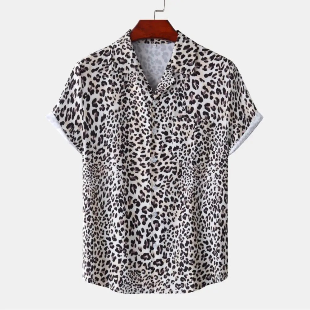Fashion Leopard Men's Short Sleeve Shirt Oversize Loose Fit Stylish Shirt for Men Lapel Trend Casual Button Up Men's Clothing