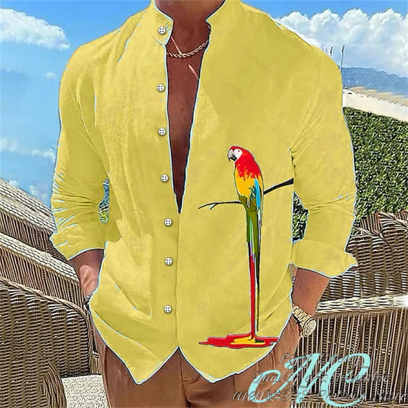 15 Color Men's Shirt Long-Sleeved Shirt 3D Printing Parrot Pattern Standing Collar Clothing Fashion Casual XS-6XL Size