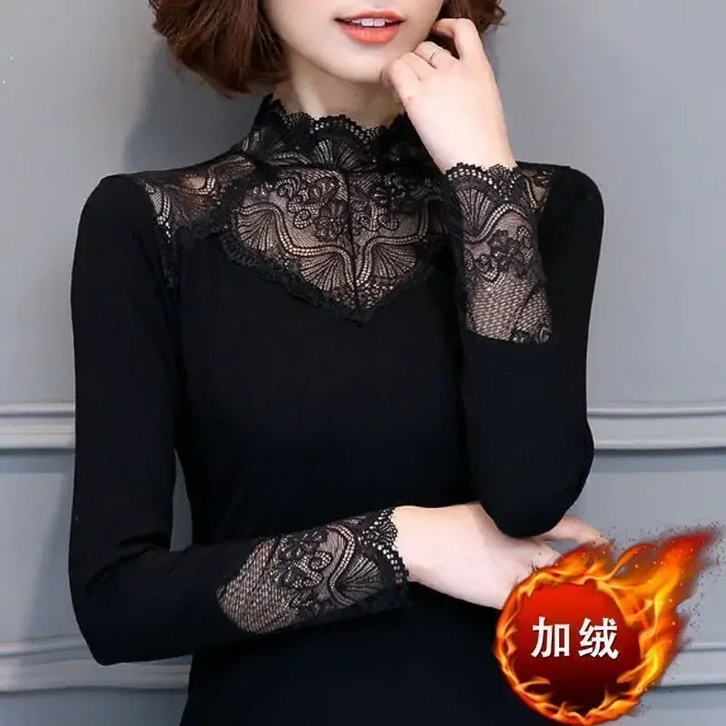Woman Tshirts Autumn  Winter Lace  Women's Long Sleeve Turtleneck Stretch T-shirt Tops Mujer Camisetas