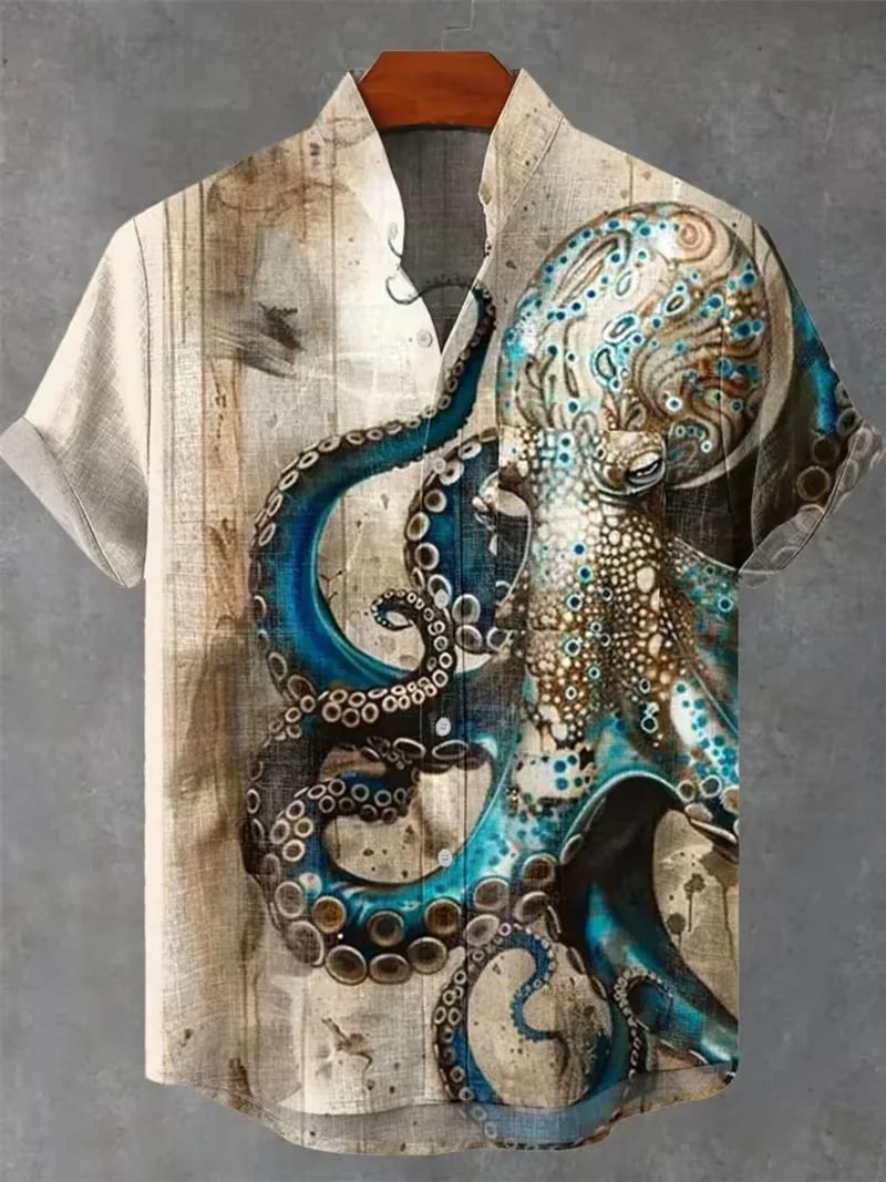 Men's New Comfortable Linen Short-Sleeved Shirt with 3D Salted Fish Print Pattern Button-Up Short-Sleeved Top