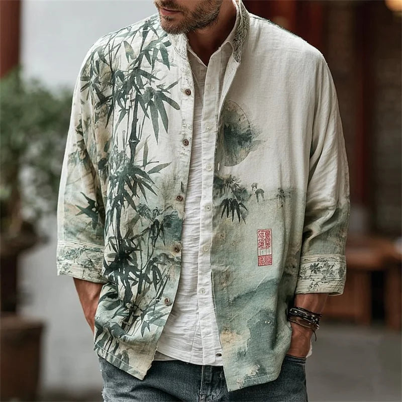New Men's Long Sleeve Shirt 3D Across Flower Print Long Sleeve Casual Shirt Linen Fashion Lapel Button Shirt Top