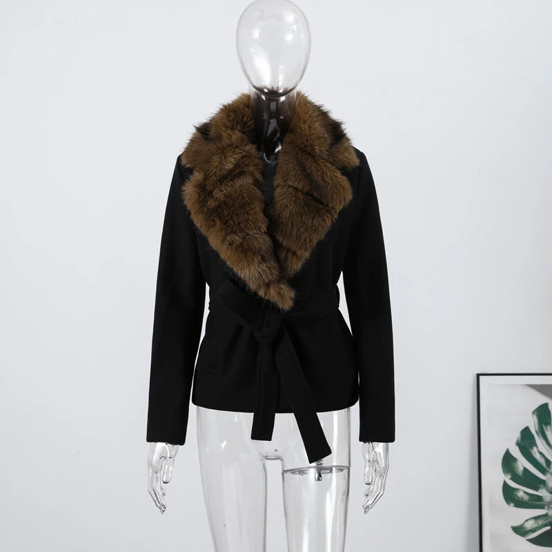 Street Faux Fur Belt Woolen Women Coat Urban Shawl Collar Belted Waist Full Sleeve Female Coats 2025 Autumn Winter Lady Outwear