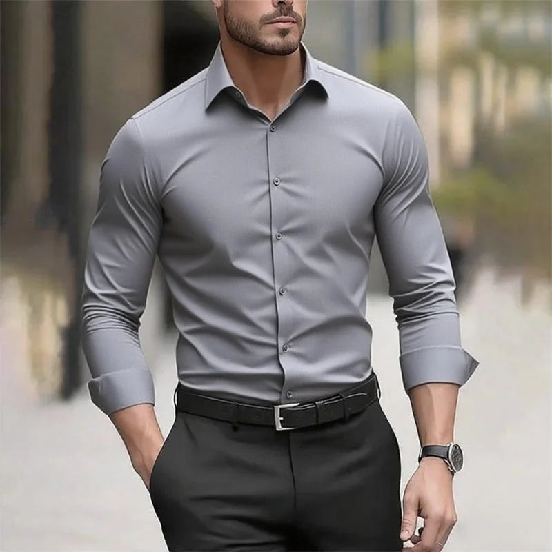 Solid Color Men's Shirt Casual White Shirt, High Quality Solid Color Long Sleeve Stretch Fabric, Business Formal Shirt, XS-6XL