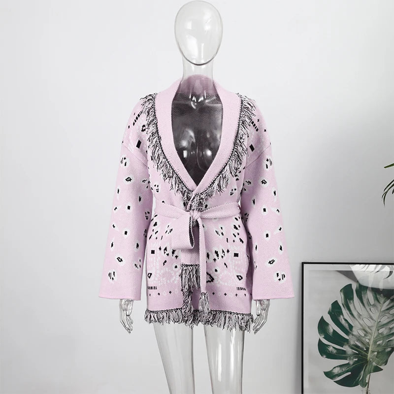 Knitted Print Lace-up Cardigan Coat Women's Elegant V-neck Tassels Full Sleeve Belted Sweaters 2026 Autumn New Ladies Outwear