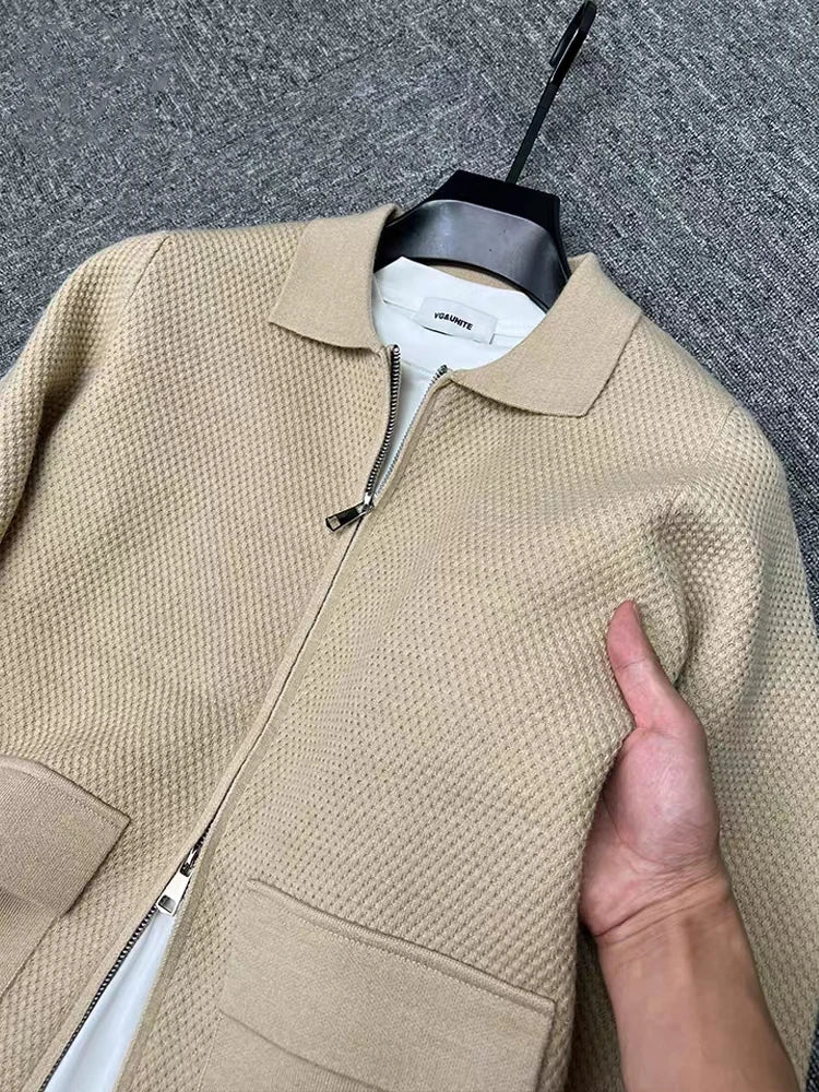 Light luxury high-end lapel zipper knitted jacket men autumn new style fashion pocket design Korean casual warm weater coat