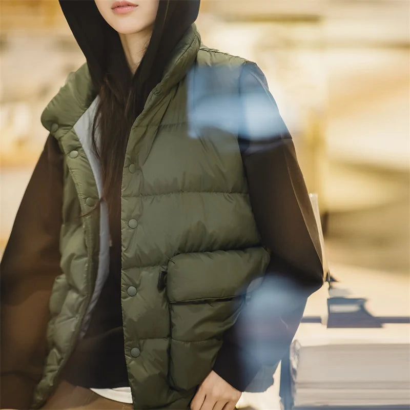 Maden Winter Sleeveless Down Vest for Women White Duck Down Filling Stand-up Collar Warm Tank Top Casual Light Outerwear Vest