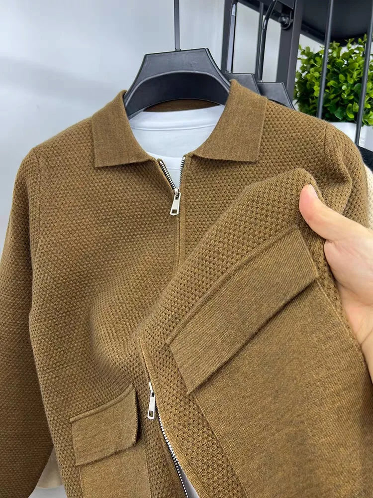 Light luxury high-end lapel zipper knitted jacket men autumn new style fashion pocket design Korean casual warm weater coat
