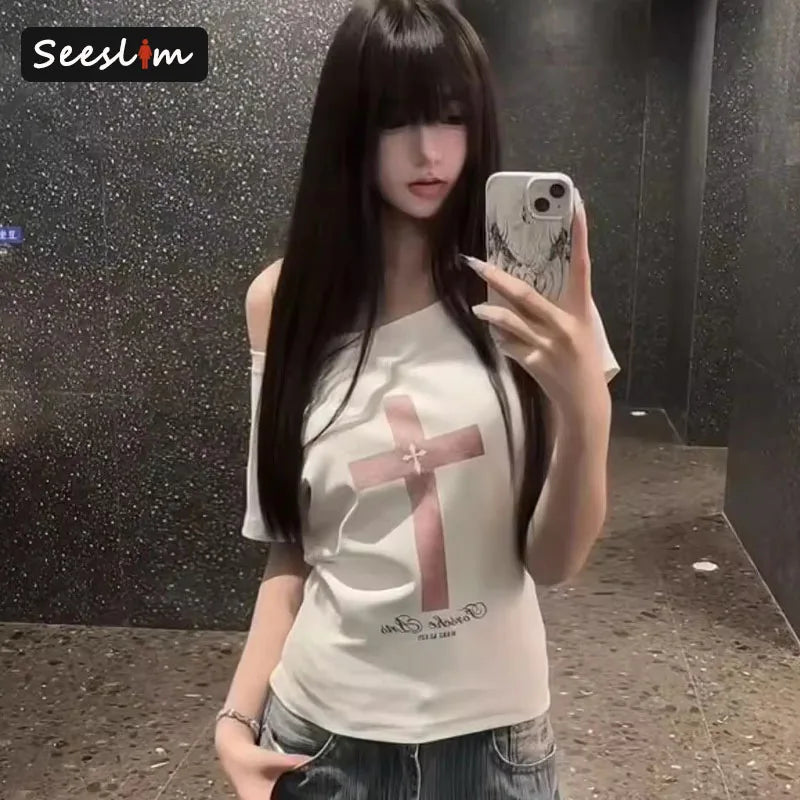 Seeslim Gothic Off Shoulder Cross Graphic T Shirts 2000s Clothes Y2k Short SLeeve Tees Female Clothing Goth Summer Tops T-shirt