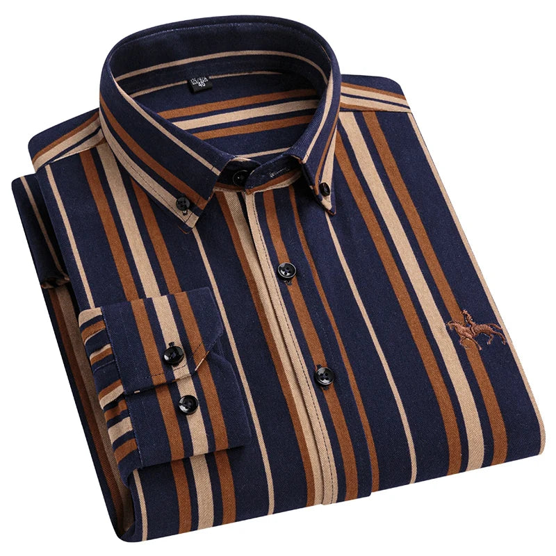 2024 new autumn men's long-sleeved plaid striped100% cotton Oxford spinning chest embroidery regular fit button work shirt S~6XL