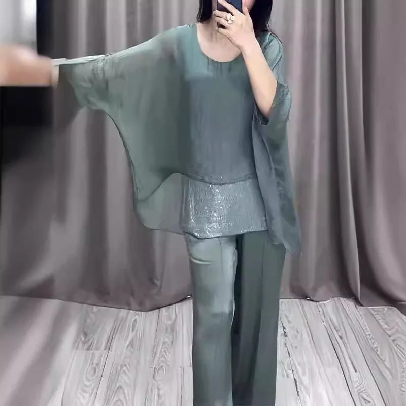Fashion 2 Piece Set Party Outfits New Spring Summer Elegant Women's Suit Casual Bat Wing Sleeve Blouse Top With Wide Leg Pants