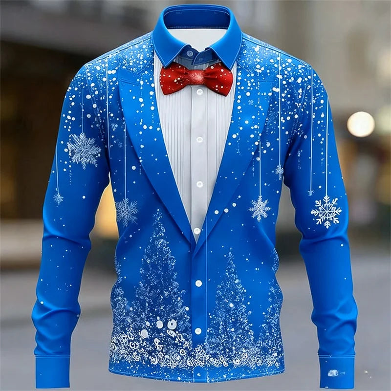 Men's Christmas shirt, casual fashion design, holiday party men's top, long sleeve lapel men's high-end clothing XS-6XL size
