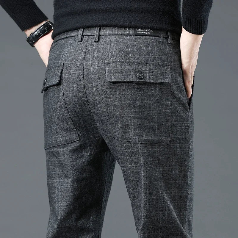 Business Men Pants Spring Autumn Korea Cotton Comfortable Elastic Plaid Casual Fashion Trousers Male Clothing Suit Pant