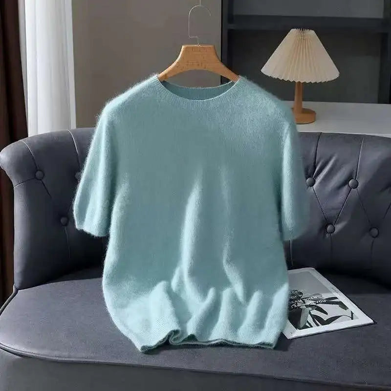 2026 Spring And Autumn New Men's Round Neck Solid Color Mink Fleece Sweater Youth Casual Hoodie Half Sleeve Knitted T-shirt Base