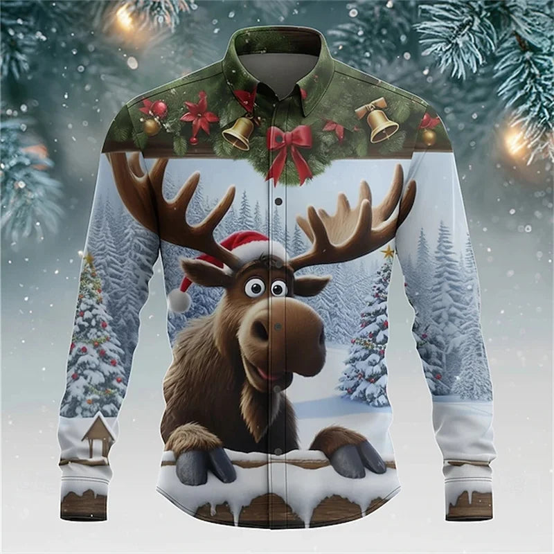 Christmas men's reindeer bell fun Christmas shirt long-sleeved button shirt Christmas gift autumn and winter collar shirt