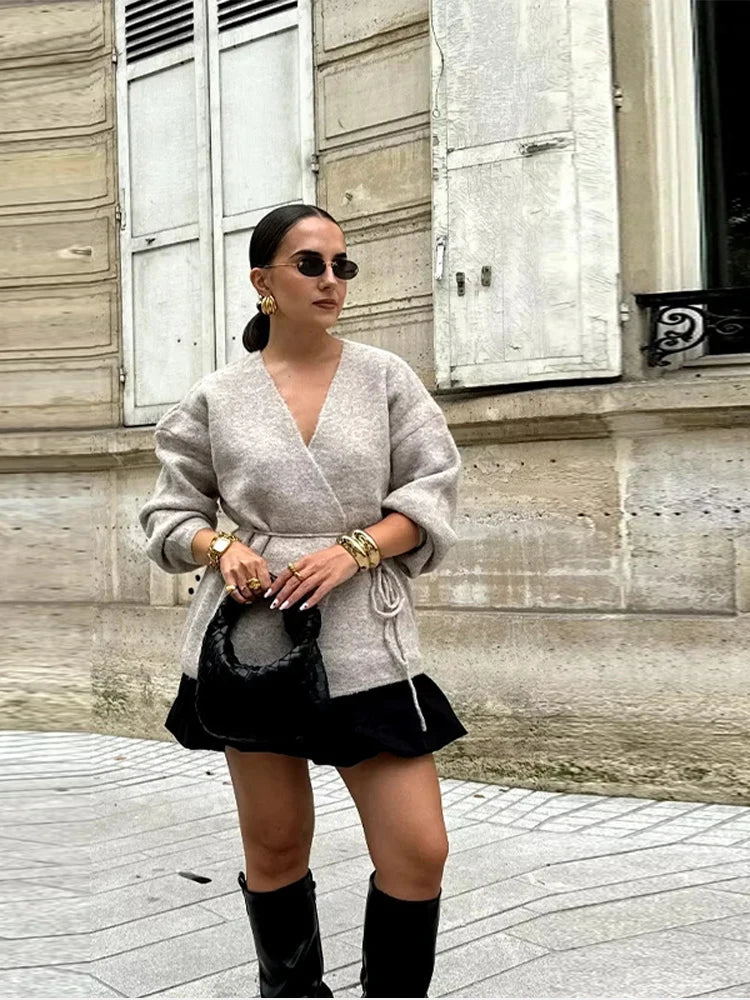 Casual Knit Cardigan Women Loose V Neck Long Sleeves Lace Up Sweater Coats Female 2025 Autumn Winter Solid Soft Chic Knitwears