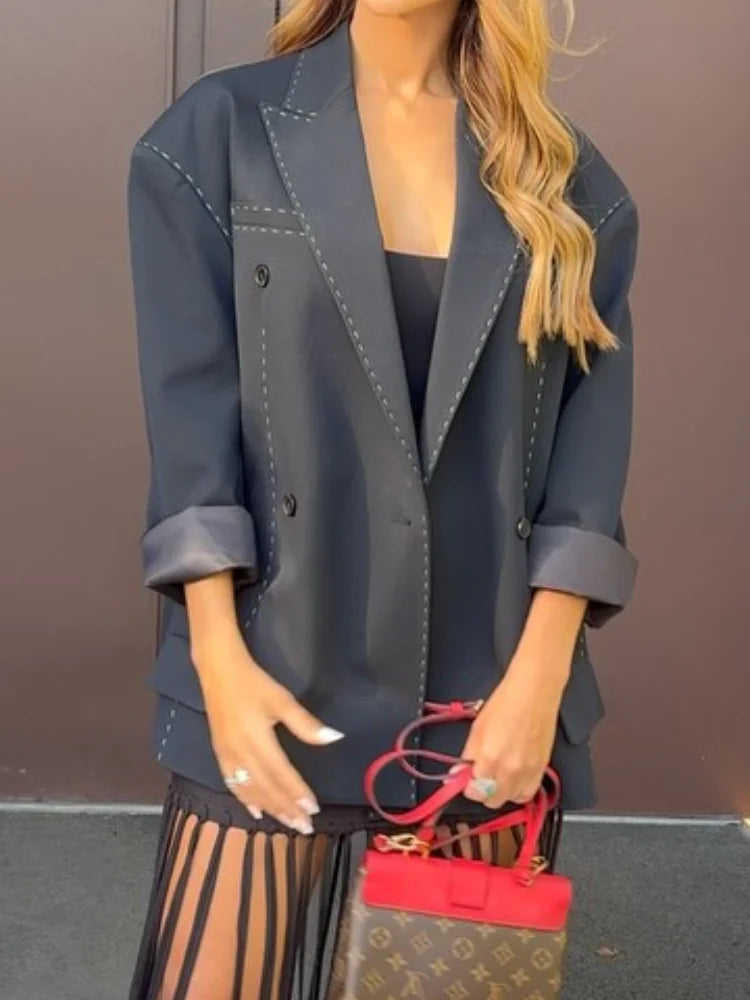 Casual Women Blazer Pant Suits Chic Loose Lapel Doube-breasted Top Straight Pants Fashion Lady Commute 2025 Autumn 2 Pieces Sets