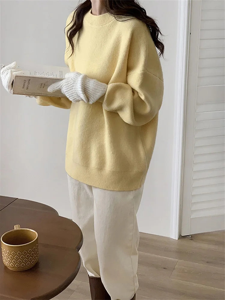 MiuKoMiYa Winter Sweater Women Yellow Warm O Neck Knitted Pullovers Loose Outwear Autumn Jumpers Women Vintage Sweaters Pink