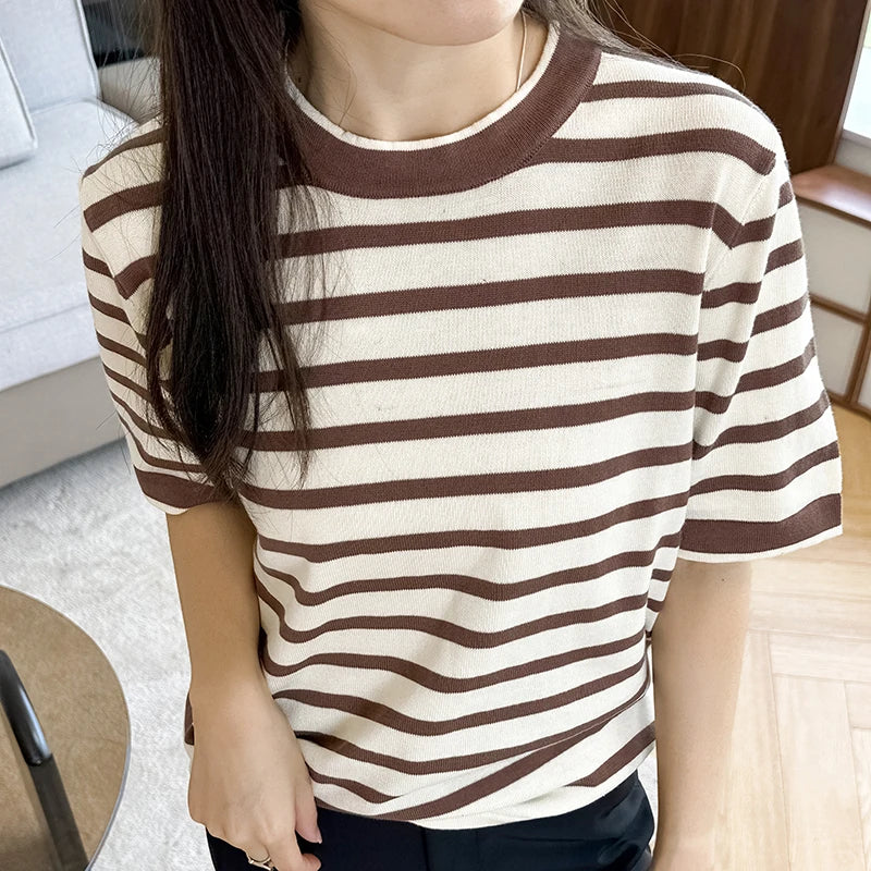 Summer New 100% Pure Cotton Knitted Short Sleeved Casual Women's T-Shirt Round Neck Loose Tees Striped Pullover Tops Cool
