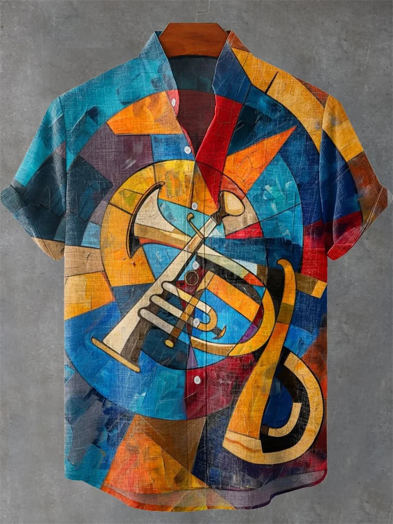 Vintage Men's Shirt Comfortable Short Sleeve Fashion 3D Crane Printed Art Pattern, Button Top, Summer Top