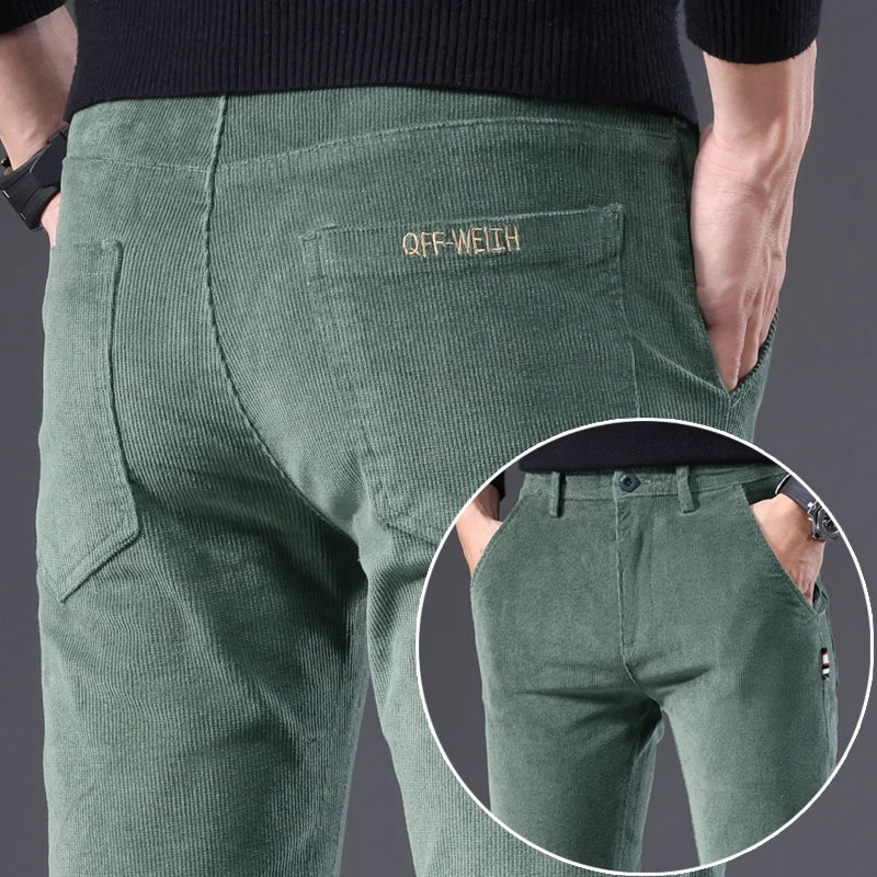 3 Colors Corduroy Slim Straight Men's Casual Pants Autumn Winter Embroidery Fashion Stretch Trousers Brand Male Clothing New