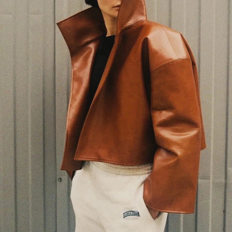 Urban Solid Pu Leather Women Jacket Street Stand Collar Long Sleeve Female Outwear 2026 Autumn Winter Fashion Lady Streetwear