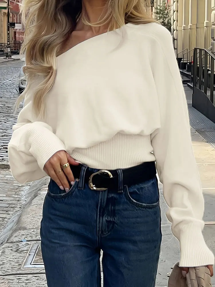 Autumn Winter New Solid Off-Shoulder Sweater Slash Neck Long Sleeve Knitted Pullovers Fashionable Commuting Versatile Short Top