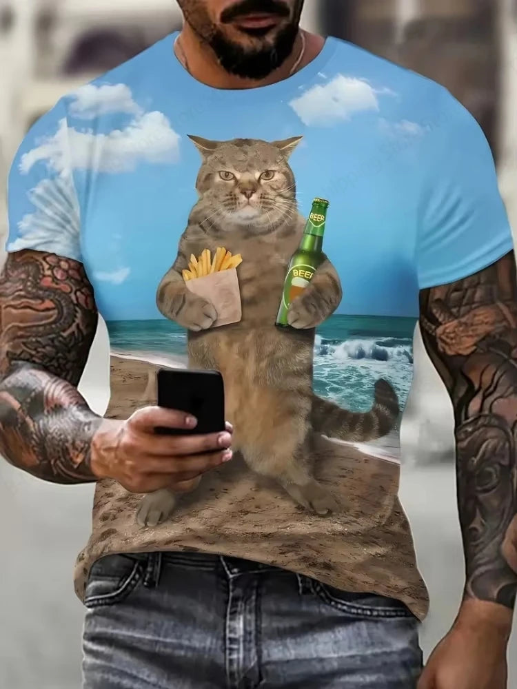 Cute Fat Cat Men's T Shirt Animal 3D Print Casual Short Sleeve Funny T Shirts Fashion Streetwear Round Neck Oversized Clothing