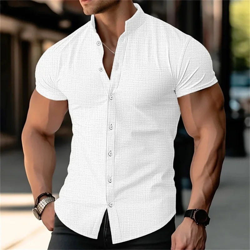 2024 Men's Short Sleeve Linen Shirt Hawaii Beach Fashion Breathable Lightweight Top Blue White Black Pink Plus Size