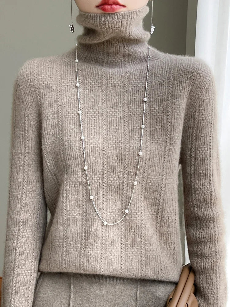 100% Wool Cashmere Sweater Women Turtleneck Long Sleeve Tops Knitted Pullovers Autumn Winter Casual Loose Clothing Warm Jumper