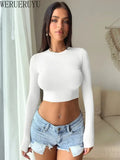 Long Sleeve Crop Top White T-shirts Womens Y2k Clothes Spring Winter Fashion Solid Color Sexy Tight Short T-shirt for Women 2025