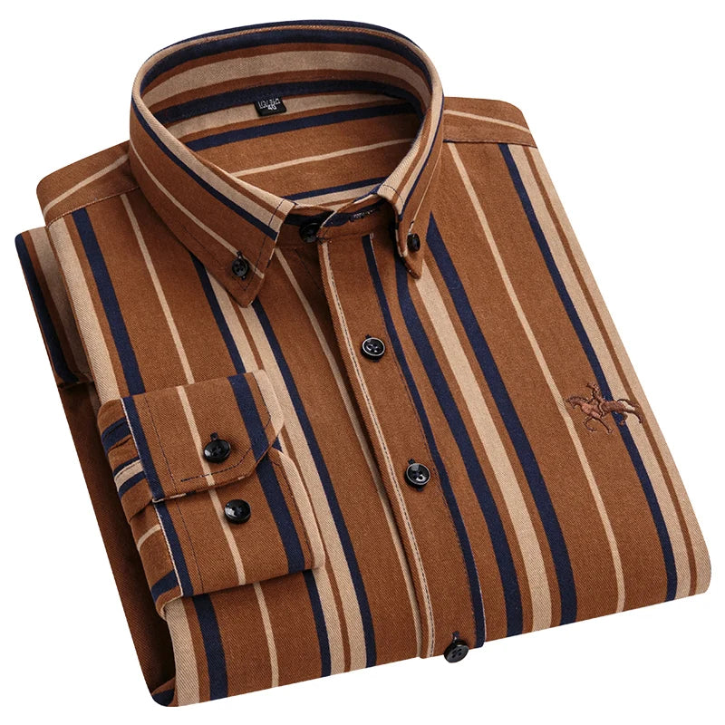 2024 new autumn men's long-sleeved plaid striped100% cotton Oxford spinning chest embroidery regular fit button work shirt S~6XL
