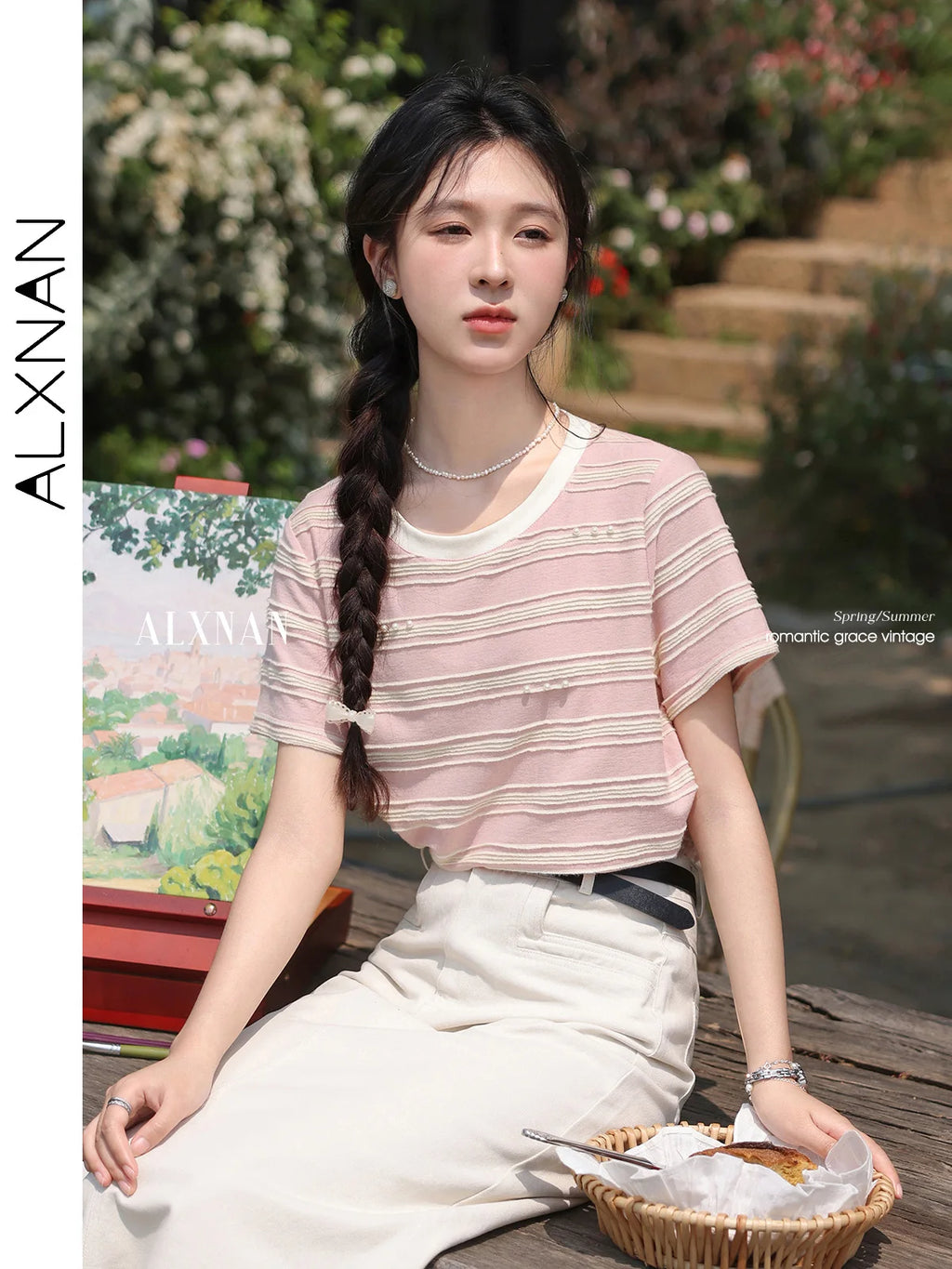 ALXNAN Plus Size Women's Pink Striped T-shirt Elegant Sweet Loose-fit Cotton T-shirt Round Neck Short Sleeve Tops L55319 D10639