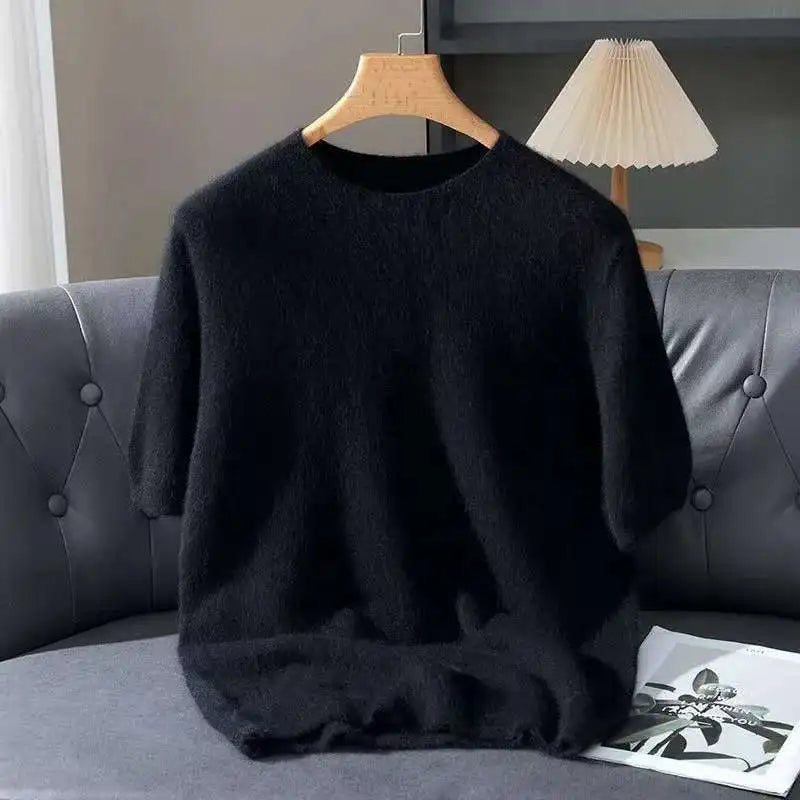 2026 Spring And Autumn New Men's Round Neck Solid Color Mink Fleece Sweater Youth Casual Hoodie Half Sleeve Knitted T-shirt Base