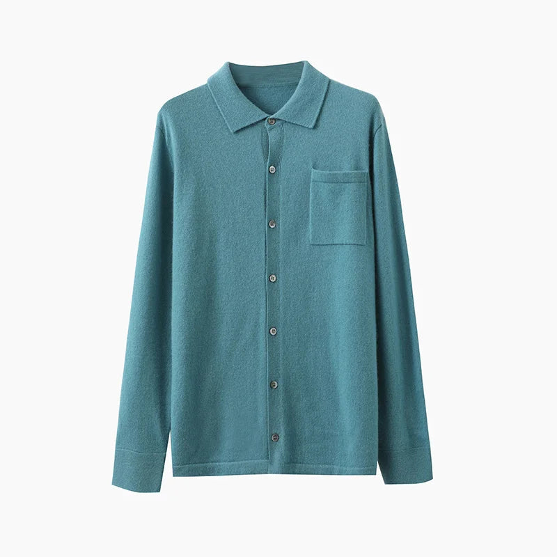 Autumn Winter New Men's 100% Cashmere Sweater Knitted Cardigan Solid Color Long Sleeved POLO Collar Shirt Jacket Casual