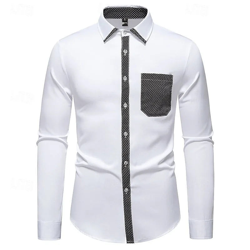 New Men's Casual Long Sleeved Shirt with Four Season Polka Dot Business Casual White Shirt, Best-Selling Top