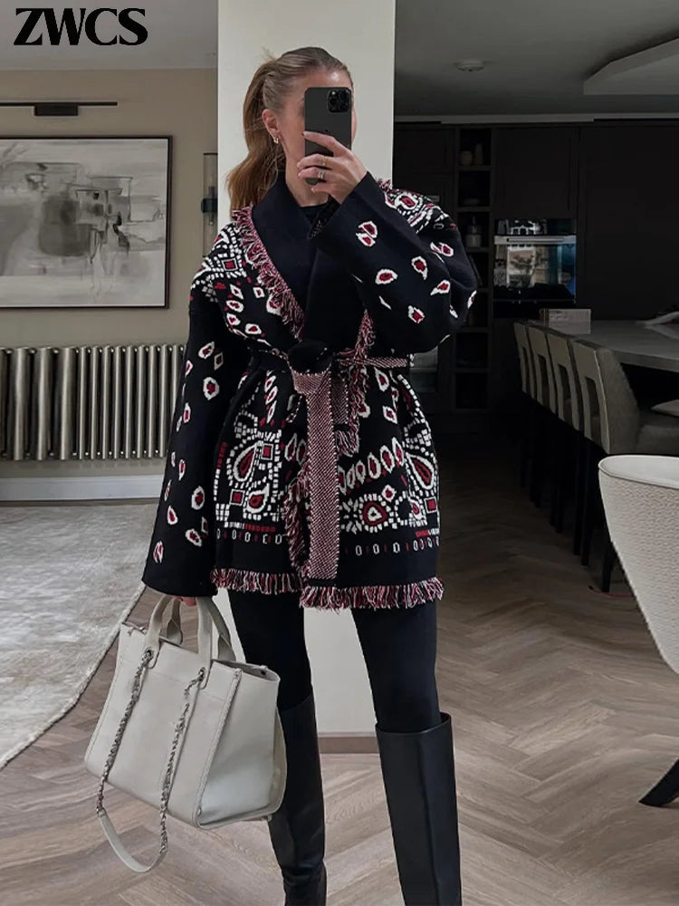 Knitted Print Lace-up Cardigan Coat Women's Elegant V-neck Tassels Full Sleeve Belted Sweaters 2026 Autumn New Ladies Outwear