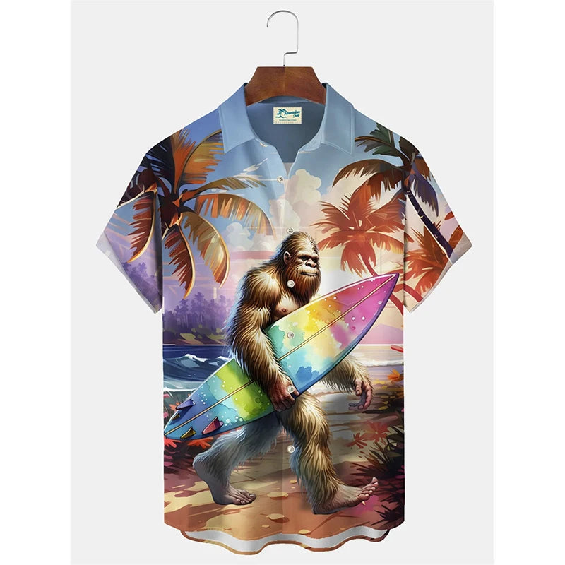 Anime Cartoon Flamingo Funny Shirt For Men Retro Plant 3D Print Leisure Quickly Dry Button Shirts Summer Street Popular Blouse