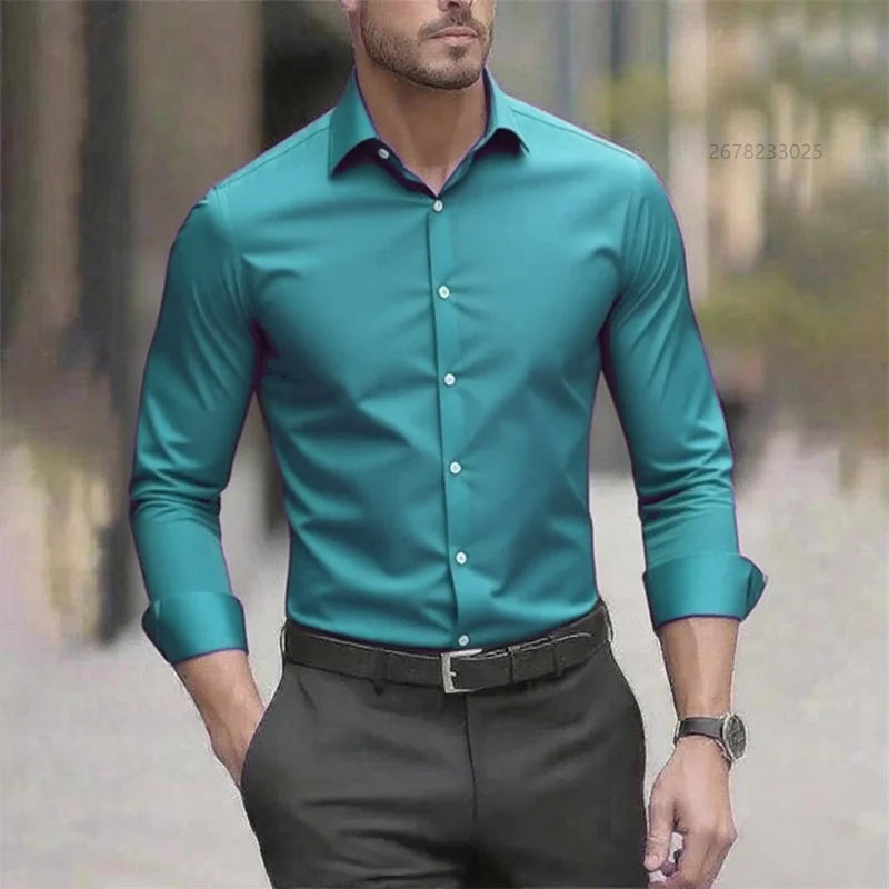 Solid Color Men's Shirt Casual White Shirt, High Quality Solid Color Long Sleeve Stretch Fabric, Business Formal Shirt, XS-6XL