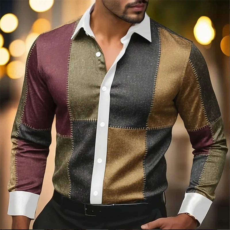 3D line printed men's long sleeved shirt top, fashionable checkered pattern, casual loose Gothic clothing top