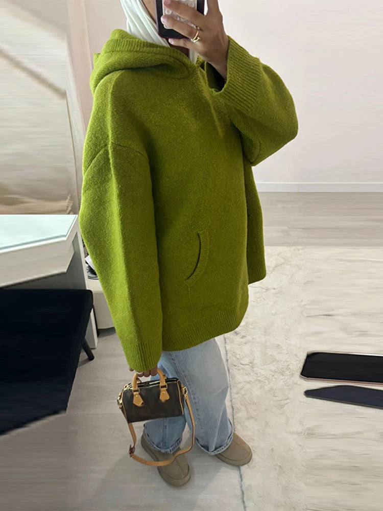 Solid Casual Knitted Oversize Sweaters Hoodie Women Long Sleeve Commute 2026 Autumn Winter Female Pullover Chic Street Jumper