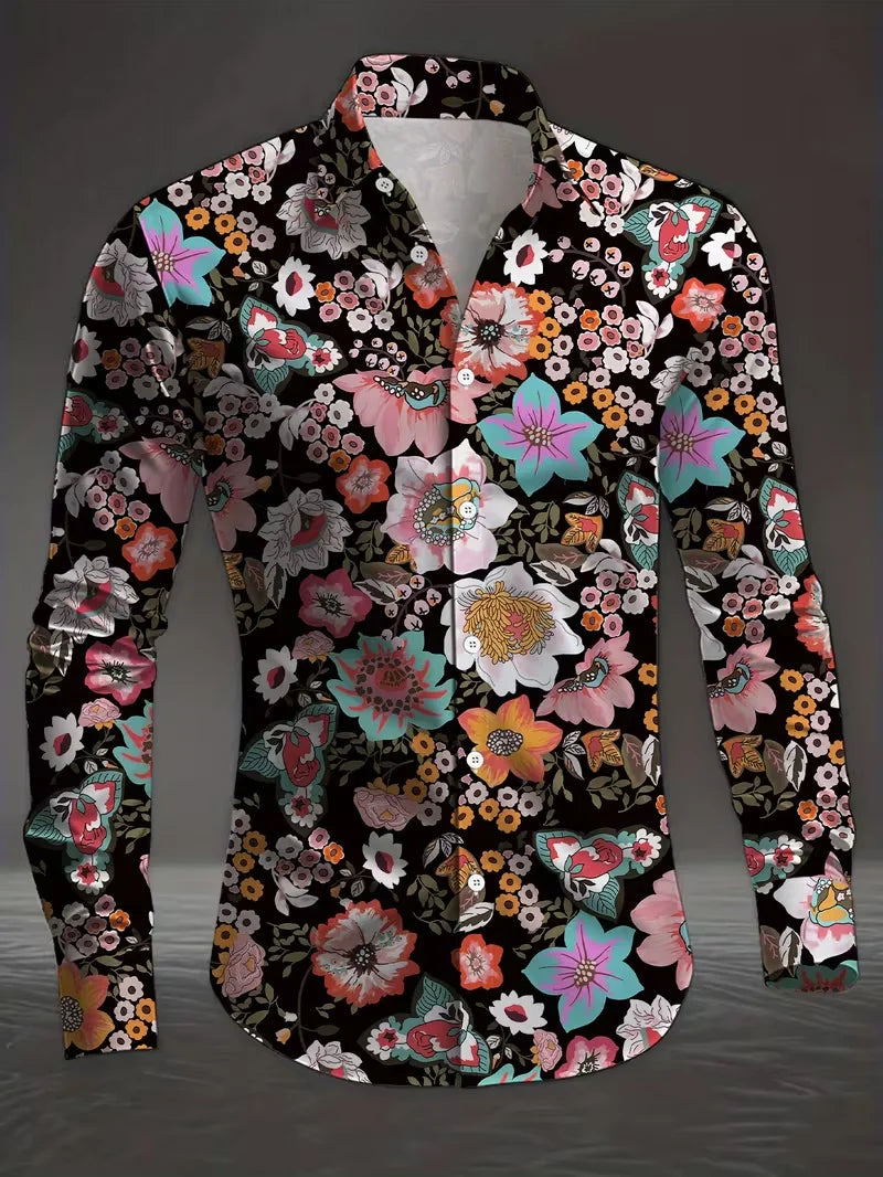 New retro square casual shirt men's abstract printed shirt long sleeved fashionable street shirt design clothing