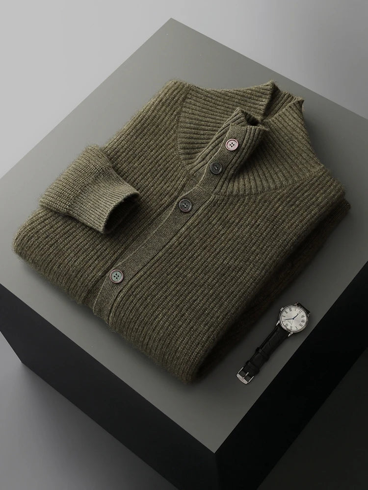 Luxury 100% Cashmere Cardigan for Men Mock Collar Thickening Sweater Autumn Winter Knitted Coat Soft Clothing Smart Casual Top