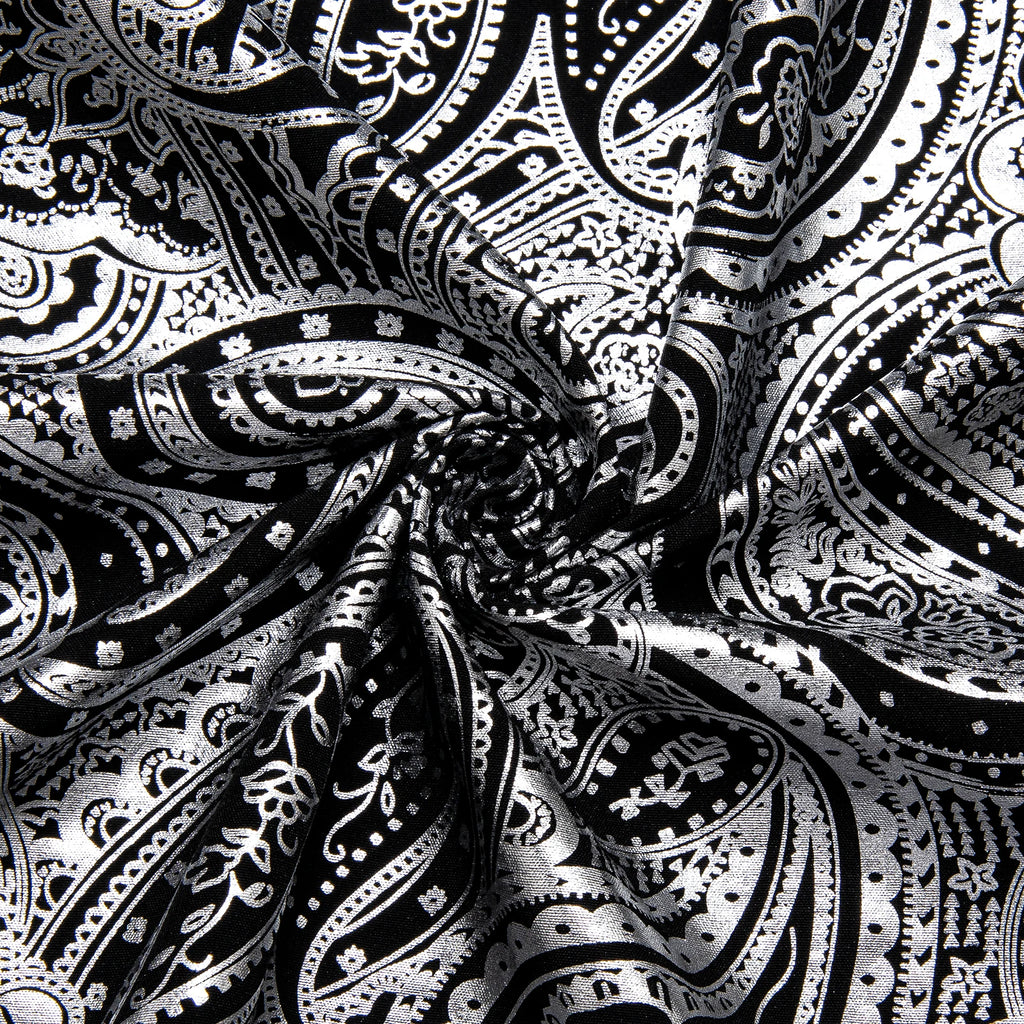 Men's Black and Silver Paisley Dress Shirts for Wedding Prom Clothing Luxury Tops