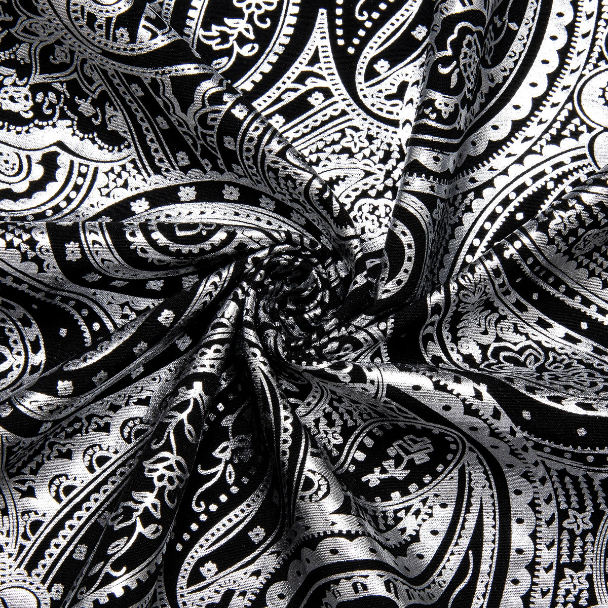 Men's Black and Silver Paisley Dress Shirts for Wedding Prom Clothing Luxury Tops