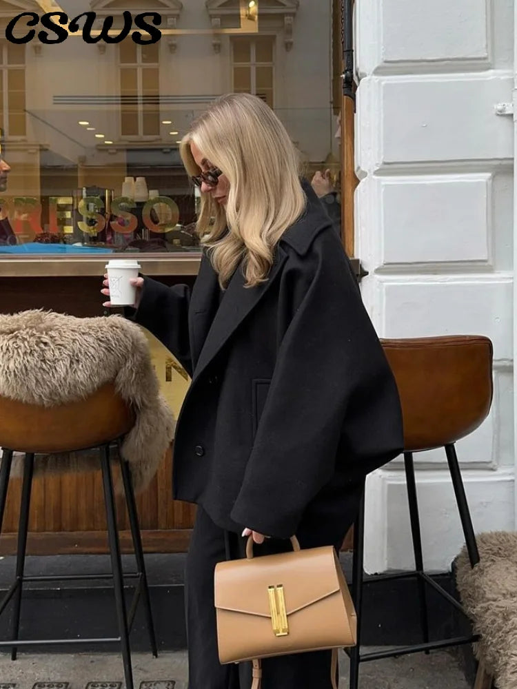 Elegant Woolen Lapel Coat Loose Solid Long Sleeve Single Breasted Pocket Female Jackets 2025 Autumn Fashion Street Lady Outwear