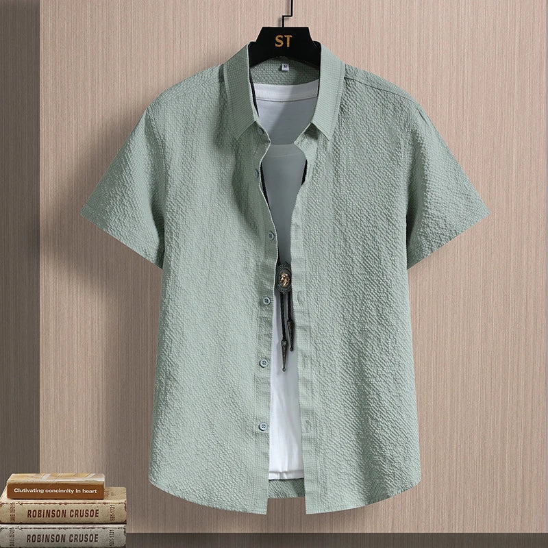 Men's Shirts Seersucker Short Sleeve Male Shirts Summer Casual Business Textured Solid Button Up Office Top